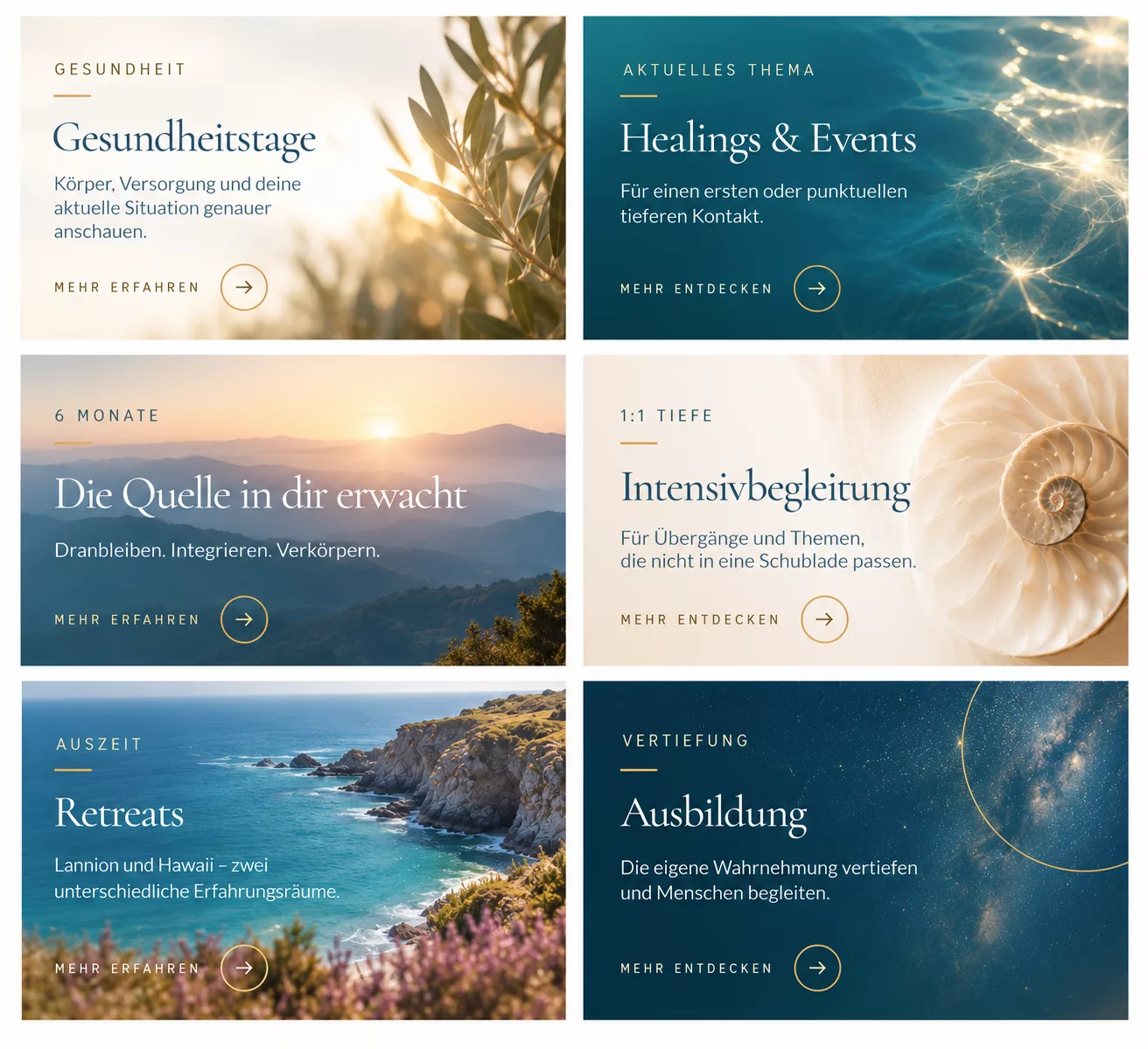 Angebote von Tatjana Garcia: Gesundheitstage, Healings und Events, Die Quelle in dir erwacht, Intensivbegleitung, Retreats und Ausbildung